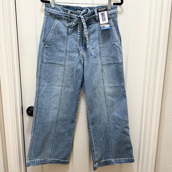 Hudson Women’s Belted Jeans Size 10 Blue Wide Leg Stretch Denim Relax Fit (NEW) - Picture 1 of 15